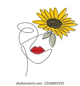 Woman face abstract floral vector. Sunflower, helianthus flower line continuous drawing. Hand drawn illustration. Female portrait. Graphic design, print, banner, poster, brochure, logo, card.