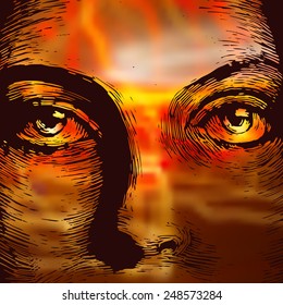 Woman face and abstract lights. vector illustration