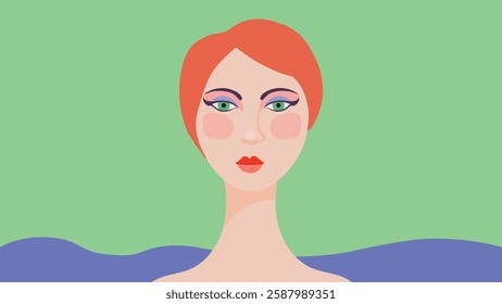 Woman face, abstract pop art. Vibrant digital illustration of a woman face with bold flat shapes and striking 60s 70s colors.