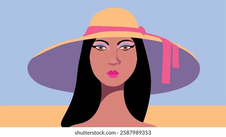 Woman face, abstract pop art. Vibrant digital illustration of a woman face with bold flat shapes and striking 60s 70s colors.