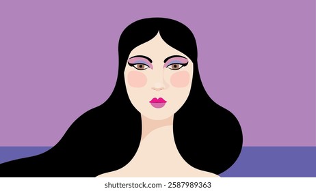 Woman face, abstract pop art. Vibrant digital illustration of a woman face with bold flat shapes and striking 60s 70s colors.