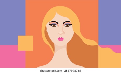 Woman face, abstract pop art. Vibrant digital illustration of a woman face with bold flat shapes and striking 60s 70s colors.
