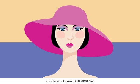 Woman face, abstract pop art. Vibrant digital illustration of a woman face with bold flat shapes and striking 60s 70s colors.