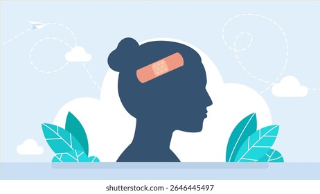 Mulheres enfrentam violência doméstica. Cara de menina esmagada. Cabeça feminina e cérebro coberto com gesso. Conceito de saúde mental, demência, dor de cabeça. Trauma na cabeça, ilustração de amnésia. Ilustração vetorial