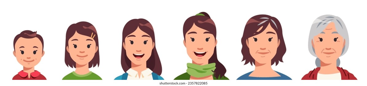 Woman face age stages generations set. Young girl baby child growth process, adult and mature aging woman, elderly old pensioner. Life cycle, female character growing flat vector person illustration