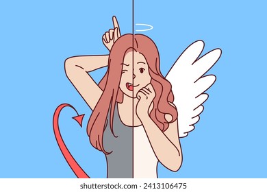 Woman with face of angel and demon symbolizes struggle between good and evil in human soul. Girl chooses costume for halloween party, trying on image of angel with wings or demon with tail
