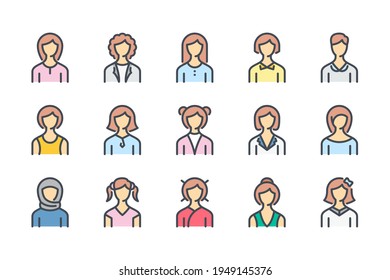 Woman Face Avatar Color Line Icon Set. Different Female Profile Pictures Linear Icons. Portrait Of Girls And Women With Hair And Clothing Variations Colorful Outline Vector Sign Collection.