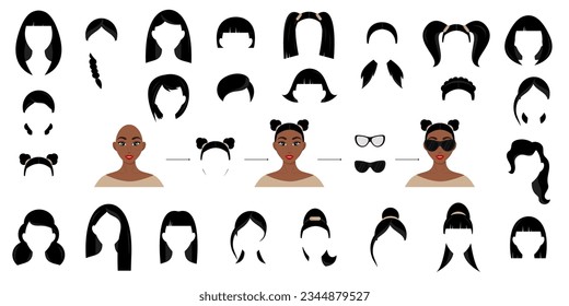 Woman face avatar construction vector set. Create female character with different hairstyles. Pretty black woman.