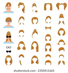 Woman face avatar construction vector set. Create female character with different hairstyles cartoon style.