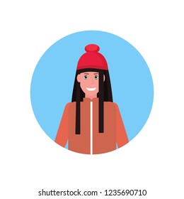 woman face avatar happy girl wearing winter clothes female cartoon character portrait flat isolated