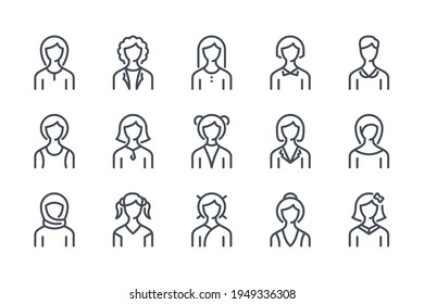 Woman face avatar line icon set. Different female profile pictures linear icons. Portrait of girls and women with hair and clothing variations outline vector sign collection.