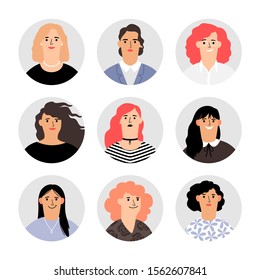 Woman face avatar portraits. Female faces avatars, vector women persons, various vector girls heads with beautiful hair, colorful blonde and brunette happy characters