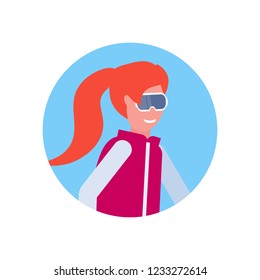 woman face avatar profile wearing ski goggles happy female cartoon character portrait isolated vector illustration