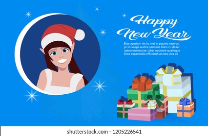 woman face avatar red hat happy new year merry christmas concept flat gift box decoration blue background portrait horizontal copy space vector illustration
