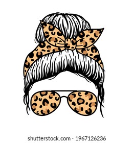 Woman Face With Aviator Glasses Bandana And Leopard Print. Messy Bun Mom Lifestyle. Vector Illustration.  Isolated On White Background. Good For Posters, T Shirts, Postcards.