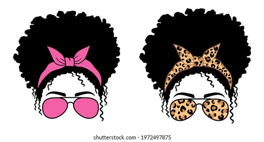 Woman Face With Aviator Glasses Bandana And Leopard Print. Afro Women. Messy Bun Mom Lifestyle. Vector Illustration.  Isolated On White Background. Good For Posters, T Shirts, Postcards.