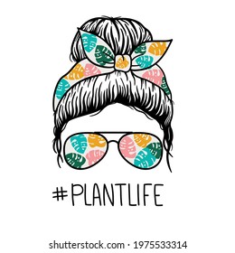 Woman face with aviator glasses bandana and flowers print. Messy Bun Mom Lifestyle. Plantlife. Vector illustration. Isolated on white background. Good for posters, t shirts, postcards.