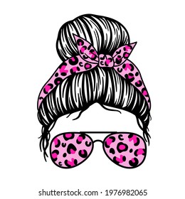 Woman face with aviator glasses bandana and leopard print. Messy Bun Mom Lifestyle. Vector illustration.  Isolated on white background. Good for posters, t shirts, postcards.