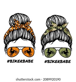 Woman face with aviator glasses bandana and Motorcycle print. Messy Bun Mom Lifestyle. Biker Life.Biker Babe. Vector illustration.  Isolated on white background. Good for posters, t shirts, postcards.