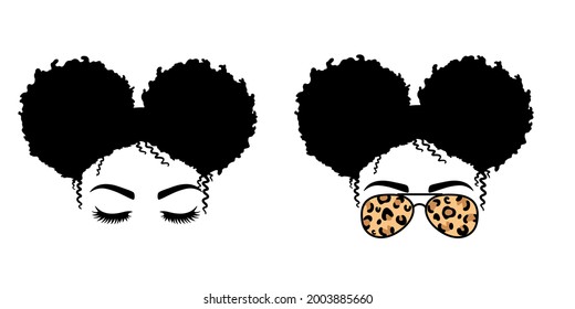 Woman face with aviator glasses  and leopard print. Afro Women. Messy Bun Mom Lifestyle. Vector illustration.  Isolated on white background. Good for posters, t shirts, postcards.