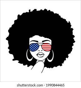 Woman face with aviator glasses and USA Flag print. Afro Women. African American Woman. Vector illustration.  Isolated on white background. Good for posters, t shirts, postcards.