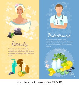 Woman face banner skin care proper nutrition dietetics natural cosmetics vector illustration 