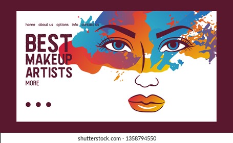 Woman face banner web vector illustration. Beauty design for salon, make up artist courses training. Cosmetic products, professional care. School for beautician. Masterclass.