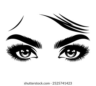 Um rosto de mulher. Ilustração em preto e branco dos olhos e sobrancelhas das mulheres. Lindos olhos de mulher. Indústria da beleza. Salão de Beleza. Extensões de cílios, tatuagem de sobrancelha.