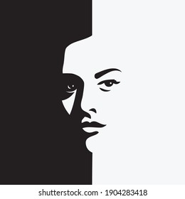 Woman face - black and white vector illustration