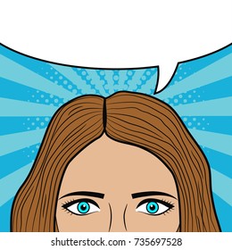 Woman face with blank speech bubble for text. Girl eyes and hair. Design of comic book page. Cartoon sketch in pop art style. Vector illustration.