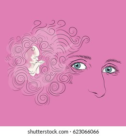 Woman face with blue eyes and curly hair. Small baby girl sleeping. Vector illustration on pink background