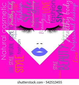 Woman face with blue lips and abstract pink hairs from different text. Vector illustration