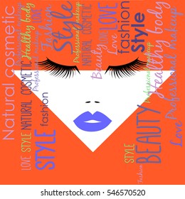 Woman face with blue lips and abstract orange hairs from different text. Vector illustration