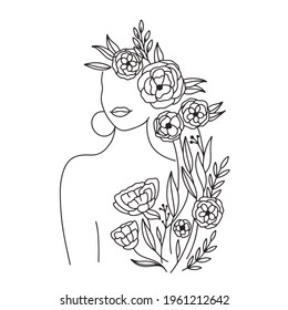 Woman Face and body and flowers continuous Line art. Abstract Contemporary collage of geometric shapes in a modern trendy style. Vector Portrait of a female. For Beauty Concept, t-Shirt Print, postcar