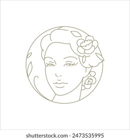 Woman face with botanical blossom flower in hand drawn circle frame line art logo vector illustration. Beautiful female portrait bloom organic natural plant monochrome simple emblem for coiffure