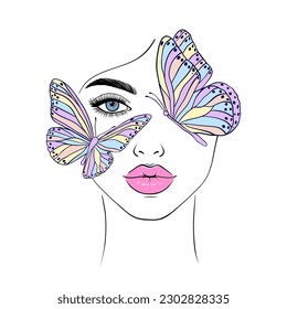 Woman face and butterflies. Modern fashion illustration. 