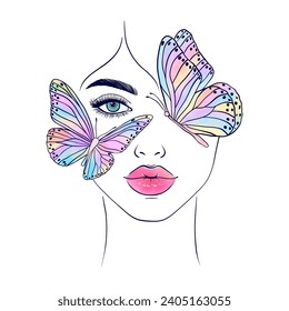 Woman face and butterflies. Modern fashion illustration. Digital watercolor.