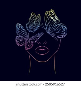 Woman face and butterflies. Modern fashion illustration. 