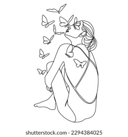 Woman face with butterfly. Abstract face with butterfly by one line vector drawing.