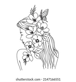 Woman face with butterfly and  Flower. Abstract face with butterfly by one line vector drawing. Portrait minimalistic style. Botanical print. Nature symbol of cosmetics. 