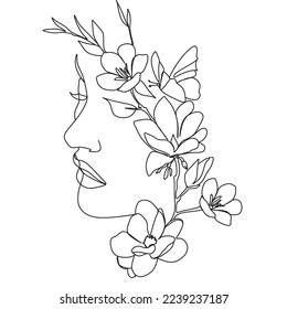 Woman face with butterfly and flowers. Abstract face with butterfly by one line drawing. Portrait minimalistic style. Botanical print. Nature symbol of cosmetics