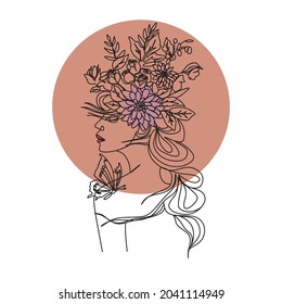 Woman face with butterfly and flowers.  Line art female hands with butterflies.  One line vector drawing. Portrait minimalistic style. Botanical print. Nature symbol of cosmetic