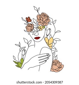 Woman face with butterfly and flowers. Line art female hands with butterflies. One line vector drawing. Portrait minimalistic style. Botanical print. Nature symbol of cosmetics.