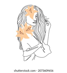 Woman face with butterfly and flowers. Line art female hands with butterflies. One line vector drawing. Portrait minimalistic style. Botanical print. Nature symbol of cosmetics.