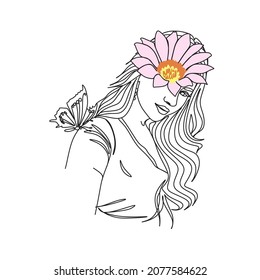 Woman face with butterfly and flowers. Line art female hands with butterflies. Abstract face with butterfly by one line vector drawing. Portrait minimalistic style.  Nature symbol of cosmetics. 