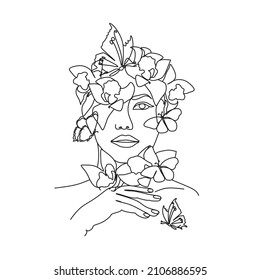 Woman face with butterfly and flowers. Line art female hands with butterflies. One line vector drawing. Portrait minimalistic style. Botanical print. Nature symbol of cosmetics.