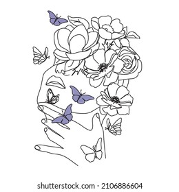 Woman face with butterfly and flowers. Line art female hands with butterflies. One line vector drawing. Portrait minimalistic style. Botanical print. Nature symbol of cosmetics.