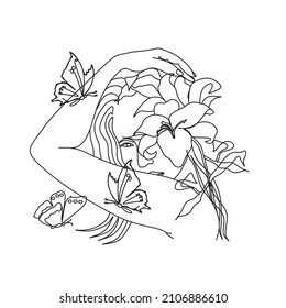 Woman face with butterfly and flowers. Line art female hands with butterflies. One line vector drawing. Portrait minimalistic style. Botanical print. Nature symbol of cosmetics.