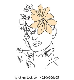 Woman face with butterfly and flowers. Line art female hands with butterflies. One line vector drawing. Portrait minimalistic style. Botanical print. Nature symbol of cosmetics.