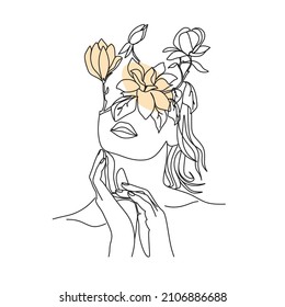 Woman face with butterfly and flowers. Line art female hands with butterflies. One line vector drawing. Portrait minimalistic style. Botanical print. Nature symbol of cosmetics.